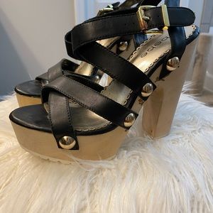 Bebe black leather platform sandals